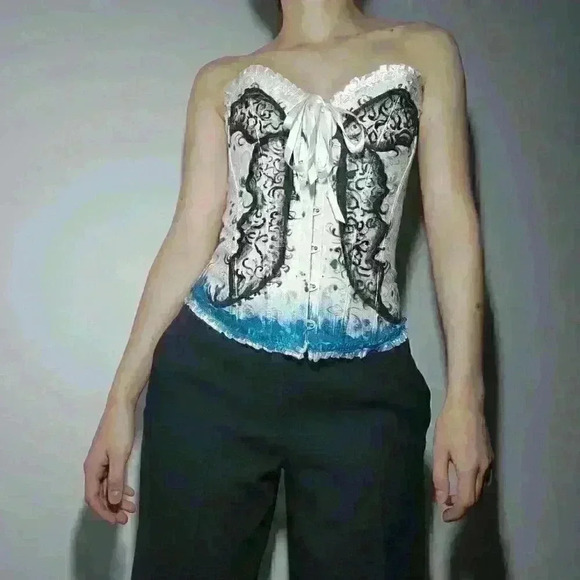 Butterfly on white romantic lace-up boned overbust sweetheart  corset bustier - Picture 10 of 11